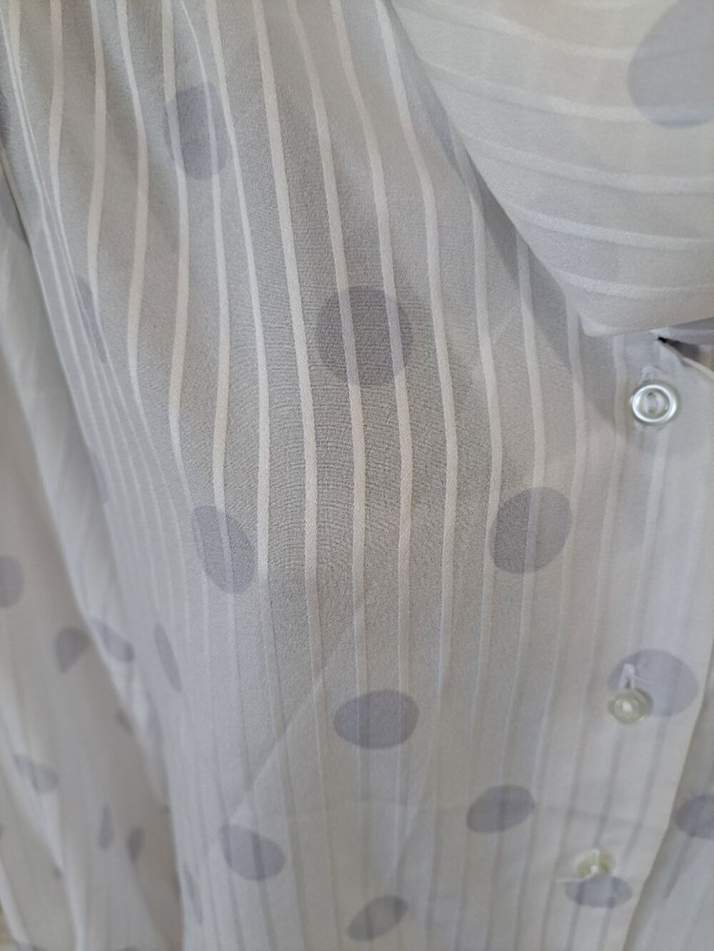 Sheer Pilka Dot White Button-Up Blouse Stripe Long Sleeves Scarf Collar Womens M - Picture 2 of 10
